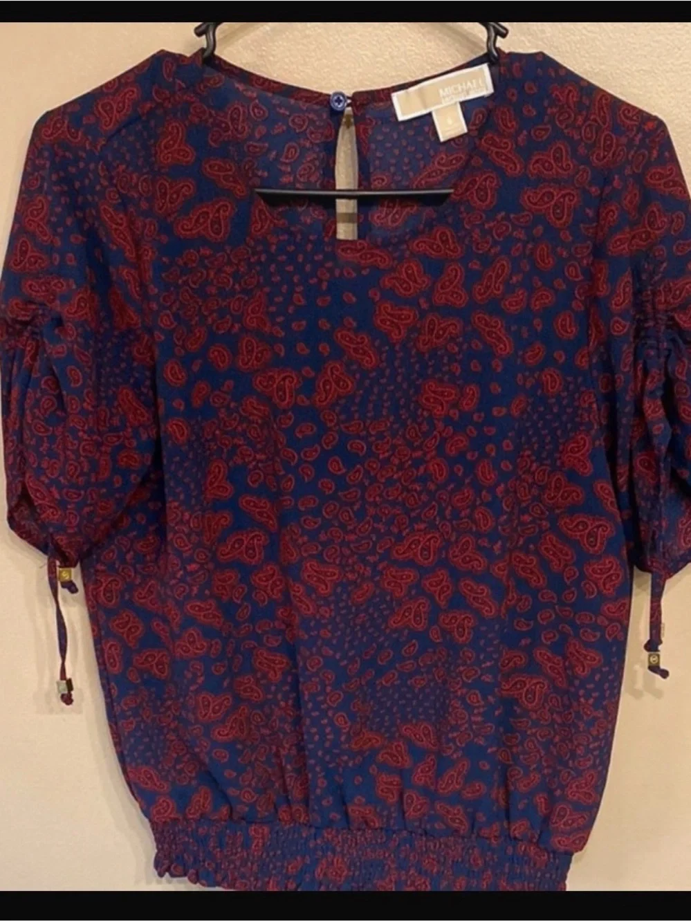 Michael Kors Navy Top with Red Paisley Print and Puff Sleeves
